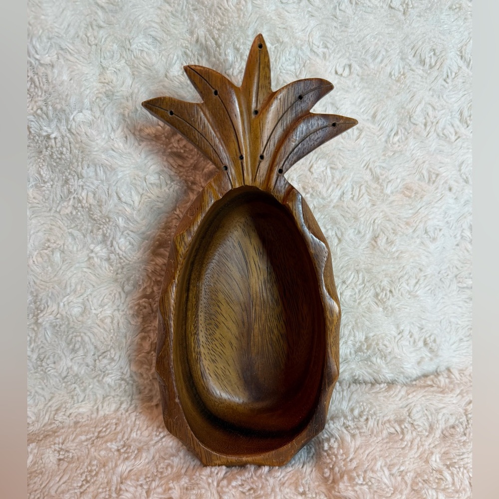 Vintage Monkey Pod Wood Pineapple From Woods of Hawaii LTD. 1950's or 1960's.